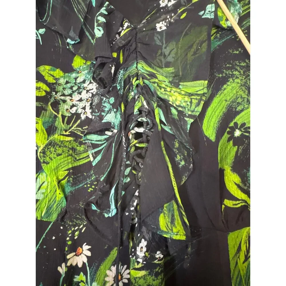 Secret Mission Silk Daisy Floral Dress Womens Medium Black Green Sheer Tiered - Picture 4 of 10